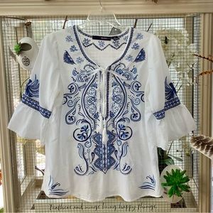 Denim 24/7 White and Blue Embroidered Tunic